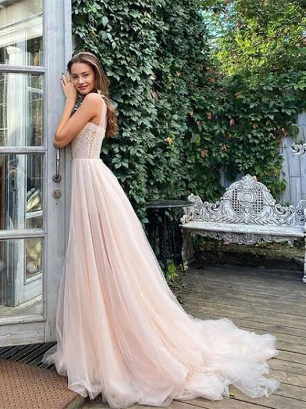 Women's Casual Attire Blush Pink Tulle Long Prom Dresses, Shemmering Prom Dresses, Long Wedding Dresses, 2021 Prom Dresses