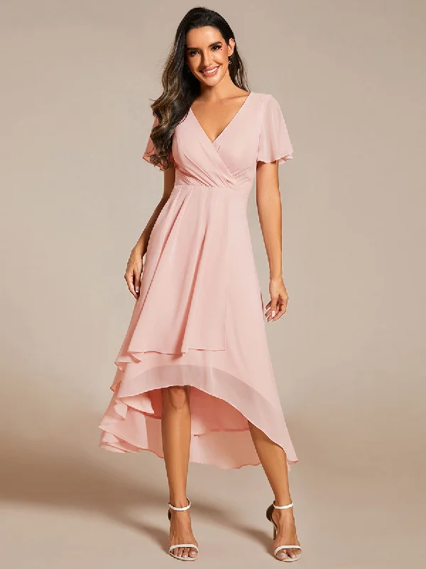 Elegant Women's Evening Garments V-Neck Midi Chiffon Wedding Guest Dresses with Ruffles Sleeve