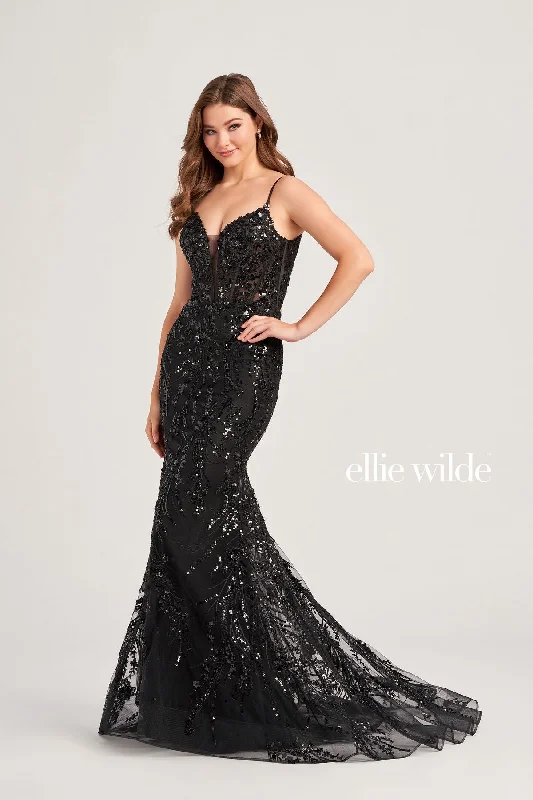 Women's Cozy Outfit For Lounging Ellie Wilde EW35039 Fitted Formal Glitter Prom Long Gown