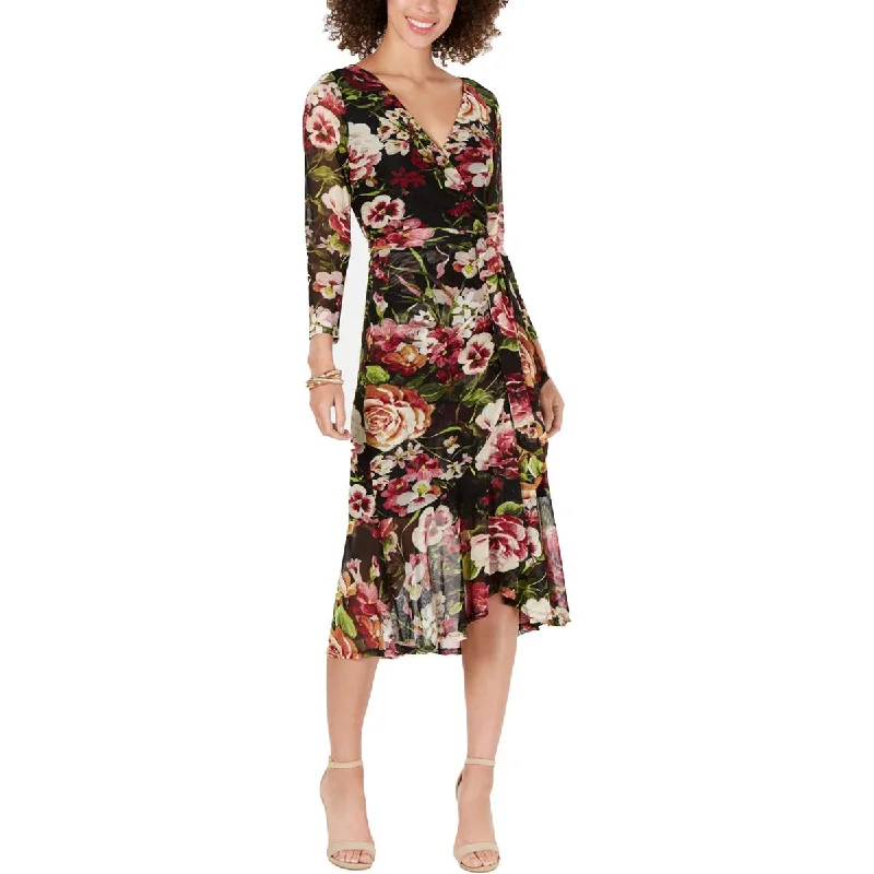 Women's Loungewear Clothes Connected Apparel Womens Petites Floral Print Mesh Wrap Dress