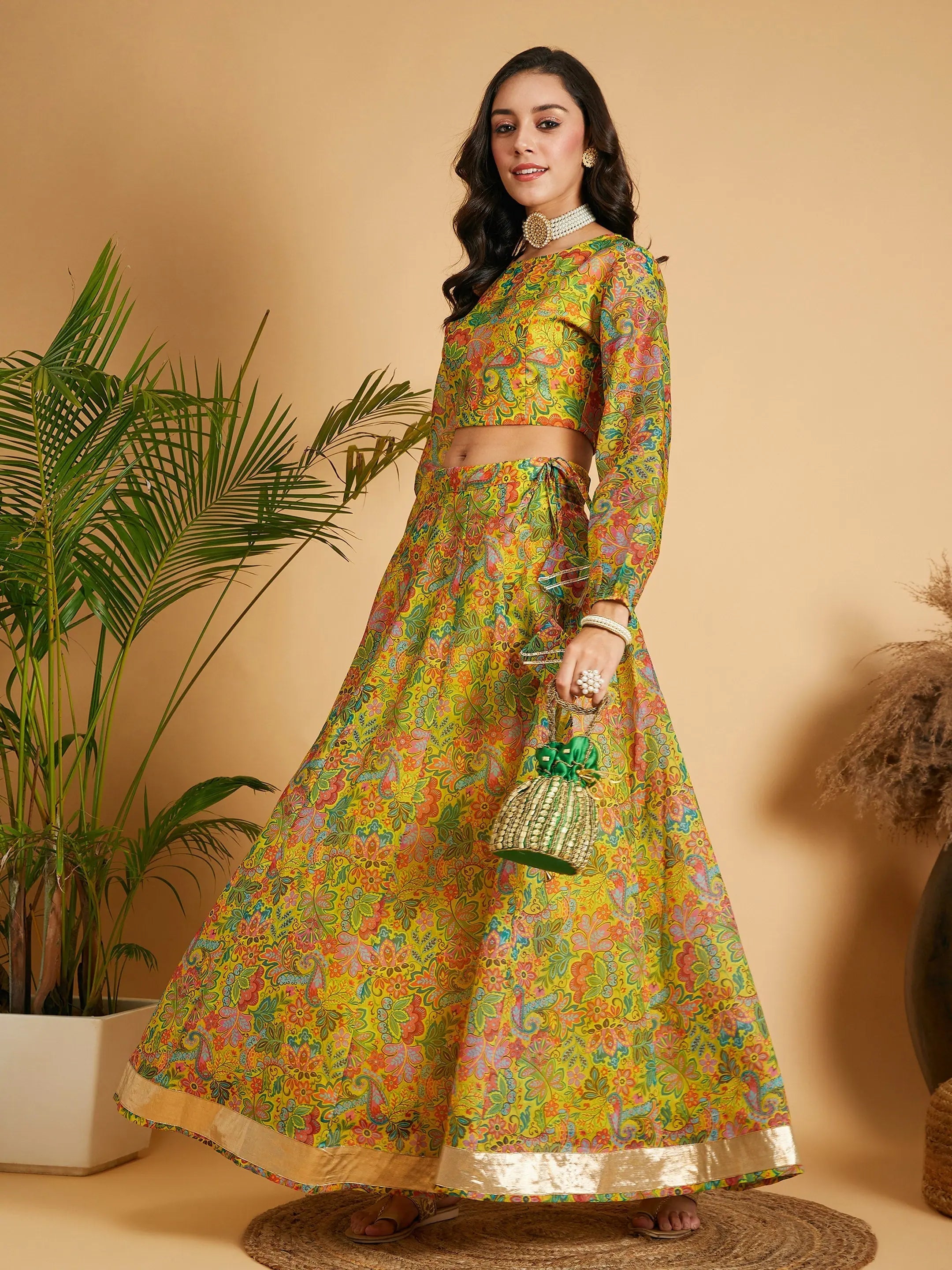 Casual Chic Women's Clothes Women Lemon Yellow Floral Anarkali Skirt With Crop Top