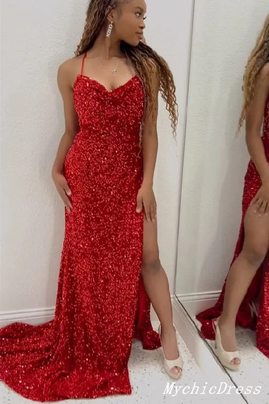 Women's Seasonal Apparel 2025 Long Red Sequin Prom Evening Dress Mermaid Side Slit Wedding Guest Dress