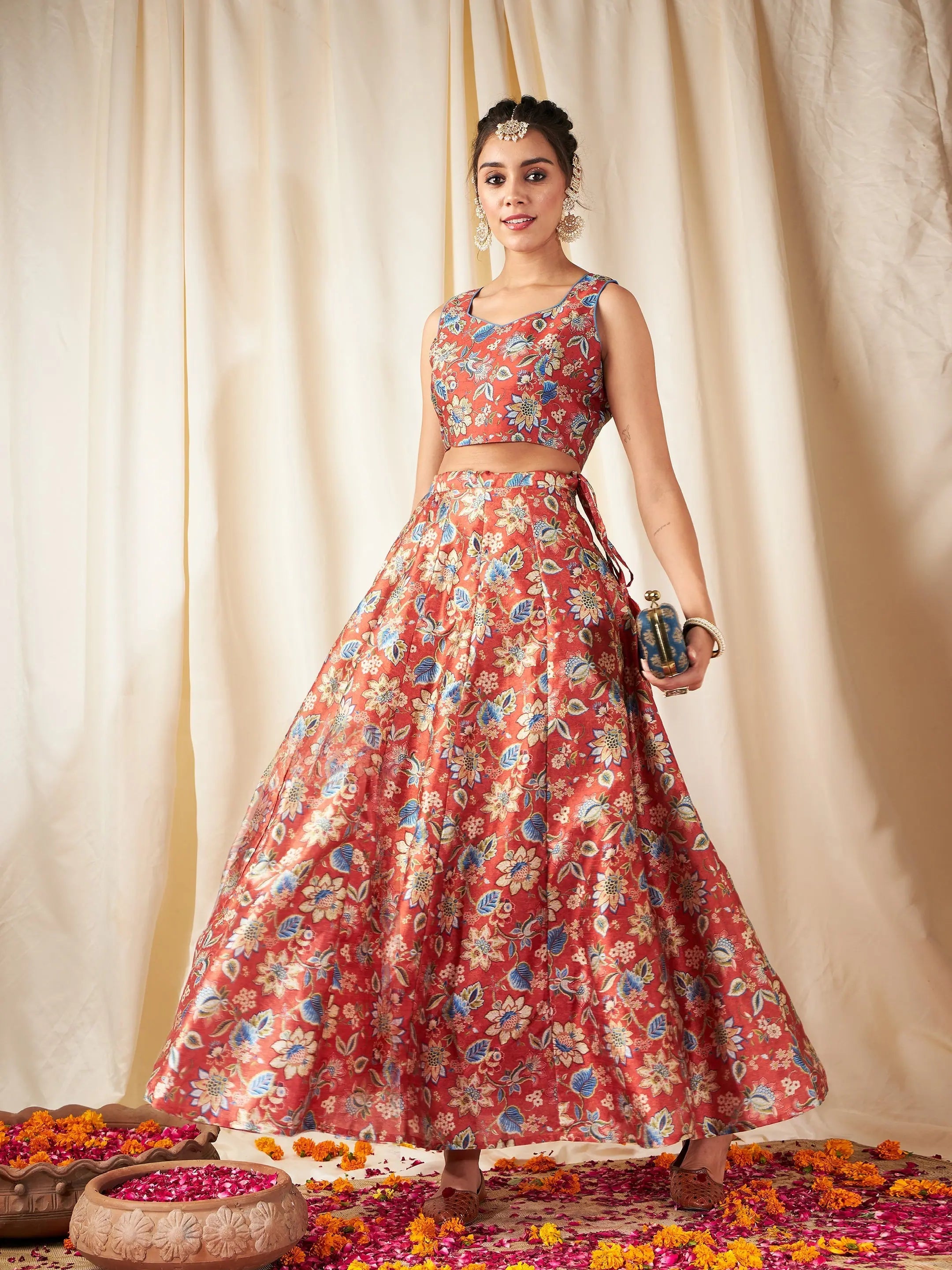 Women's Clothing For Special Occasions Women Orange Floral Anarkali Skirt With Crop Top