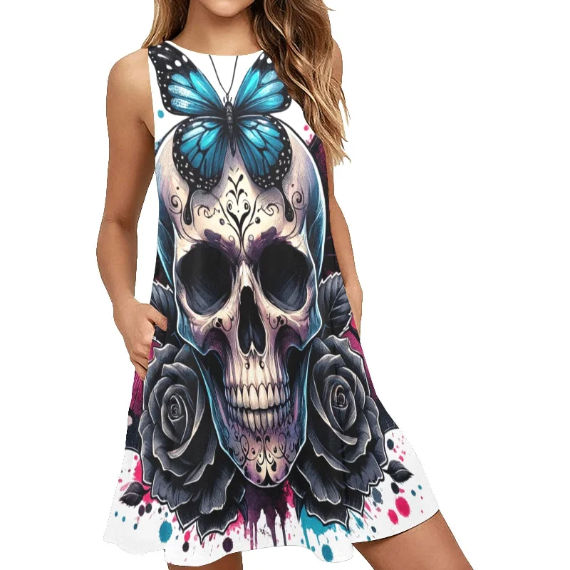 Timeless Women's Apparel Gothic Butterfly Skull Floral Sleeveless Dress