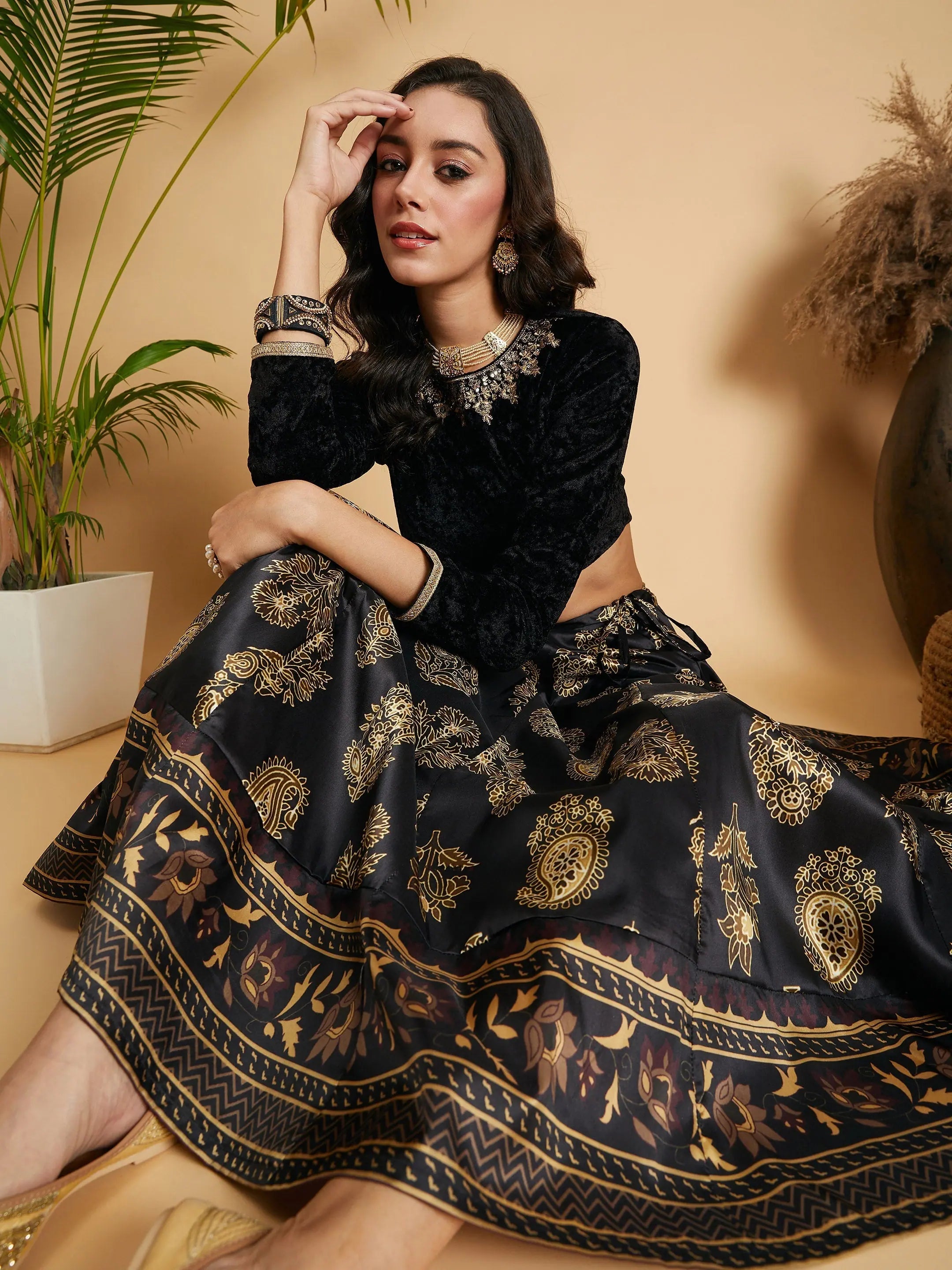 Women's Vintage-Inspired Outfit Women Black Floral Skirt With Black Velvet Full Sleeves Crop Top