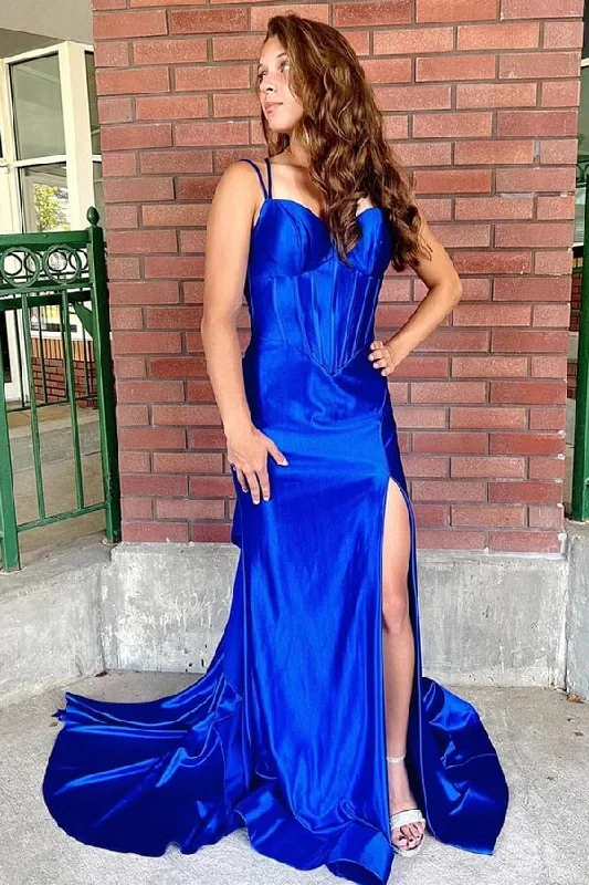 Plus-Size Women's Garments Mermaid Corset Wedding Guest Dress Royal Blue Prom Dress With Slit