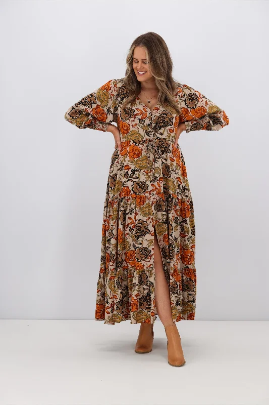 Women's Date Night Outfit Fria Brooke Earthy Floral Selma Maxi Dress Brown