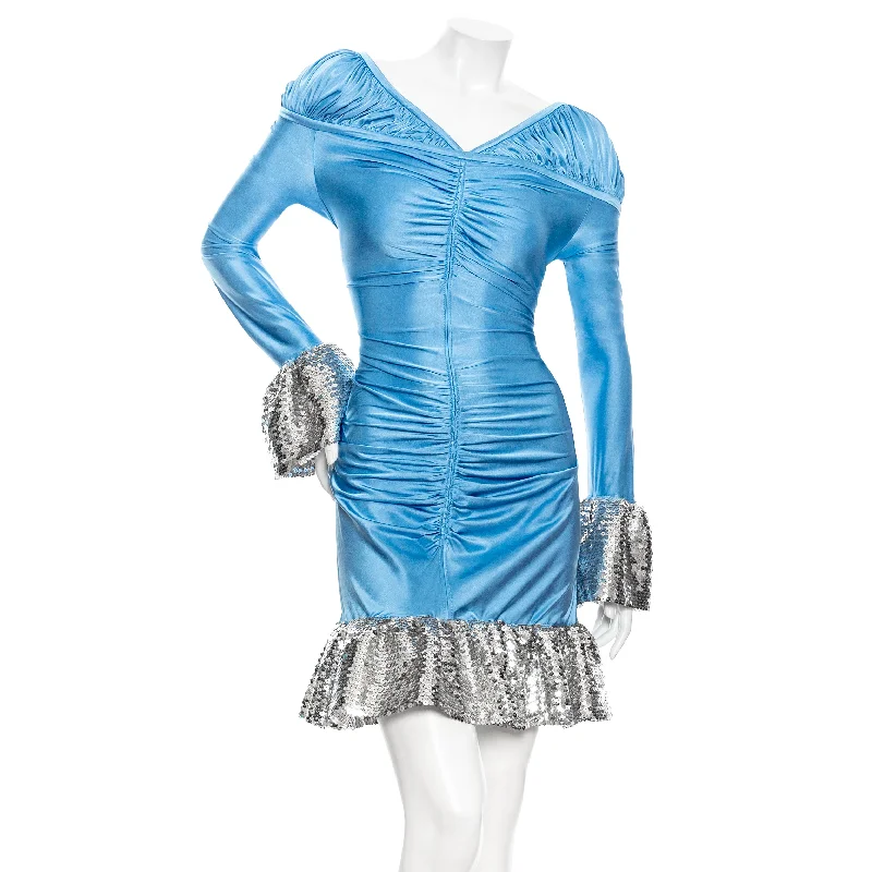 Women's Casual Wear Clothes Blue Viscose-Blend Ruched Sequin Mini Dress