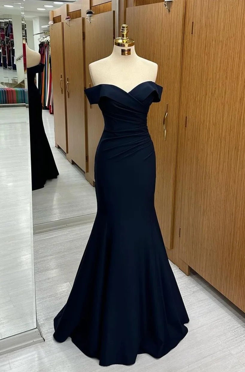 Women's High-Fashion Garments Long Off-the-shoulder Formal Dress Navy Blue Wedding Guest Dress