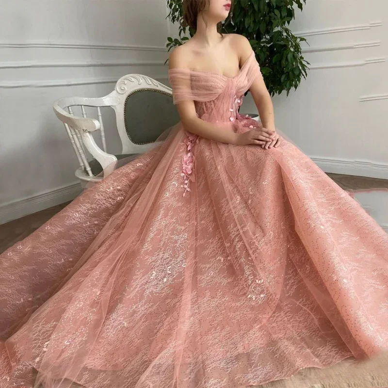 Women's Trendy Clothing Off Shoulder Sweetheart 3D Flower Pleats Lace Pocket Tulle Prom Dresses Formal Wedding Party Gowns  gh2189