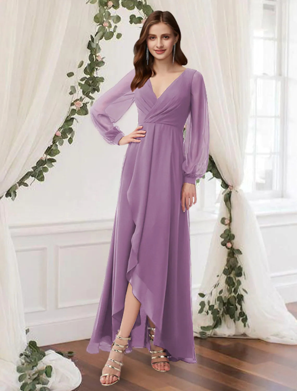 Women's Vintage Attire A-Line Prom Dresses Dress Wedding Guest Ankle Length Long Sleeve V Neck Chiffon with Pleats