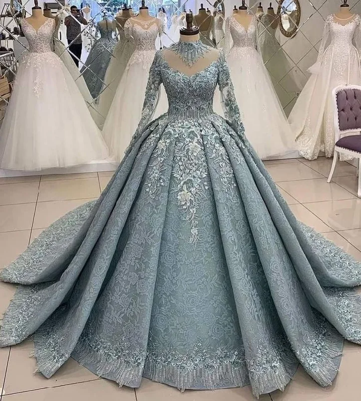 Comfortable Women's Clothes Blue retro elegant gorgeous exquisite beaded complex embroidery applique long Heavy Industry Customization ball gown evening dress noble wedding dress gh3164