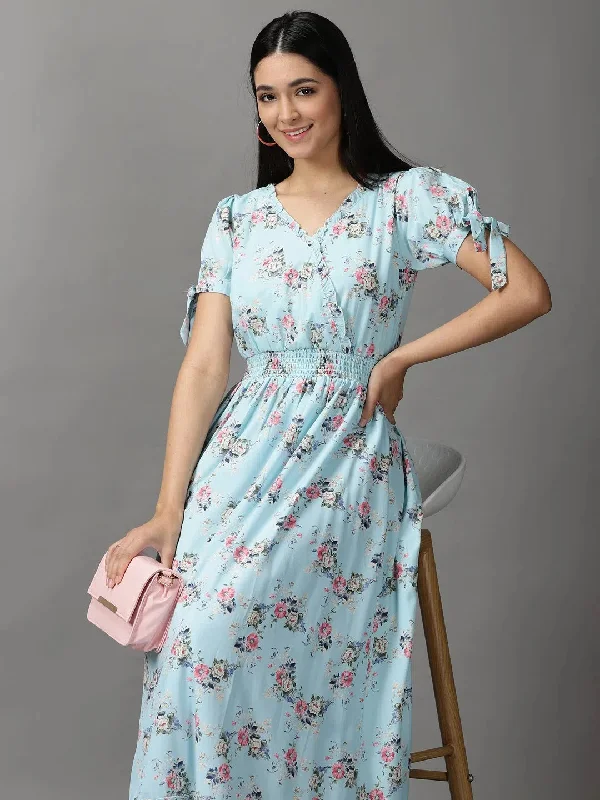 Women's Office Clothing Women's Blue Floral Fit and Flare Dress-KG-5000-Blue