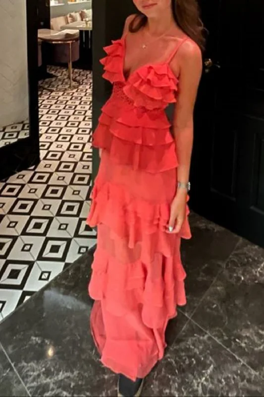 Women's Plus-Size Clothes Orange Fashion Spaghetti Strap Long Chiffon Ruffle Evening Dress Wedding Guest Dress Party Dress gh3137