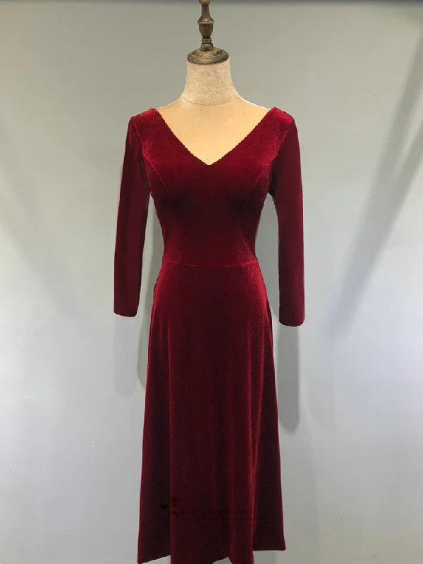 Casual Garments For Women Vintage Tea Length Long Sleeve Velvet Deep Red Wedding Party Dress