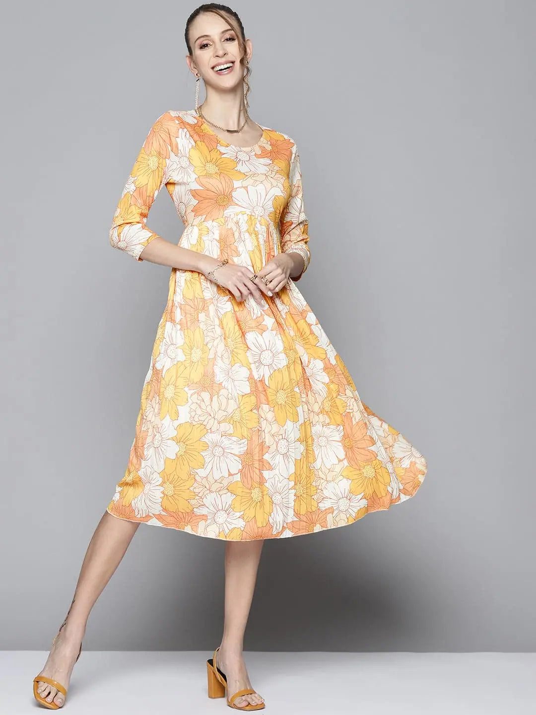 Affordable Women's Attire Women Mustard Floral Round Neck Pleated Dress