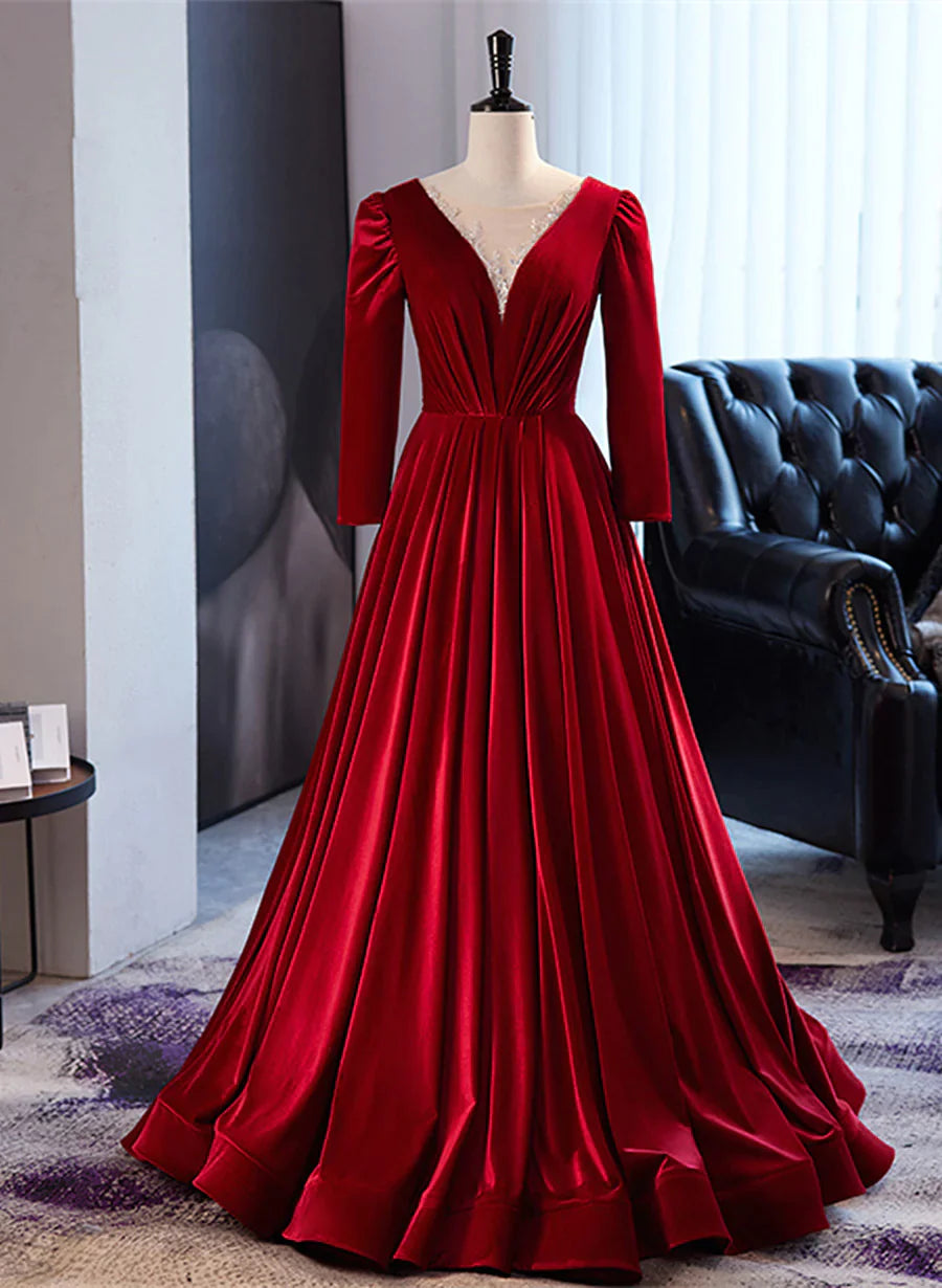 Women's Vintage-Inspired Outfit Wine Red Velvet Long Sleeves See Through Prom Dress, Wine Red Wedding Party Dress