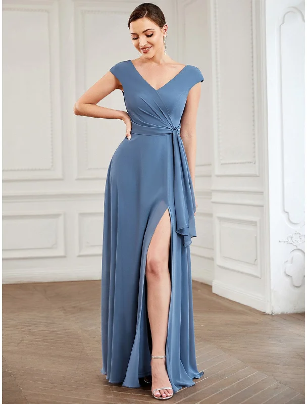 Women's Everyday Attire A-Line Party Dresses Vintage Dress Wedding Guest Floor Length Short Sleeve V Neck Chiffon with Slit