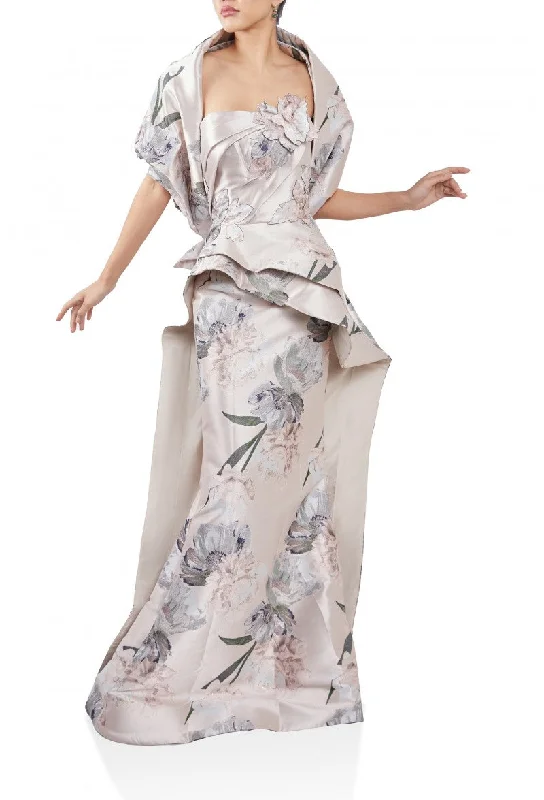 Women's Plus-Size Attire Terani Couture 242E3145 Printed Long Formal Removable Cape Gown