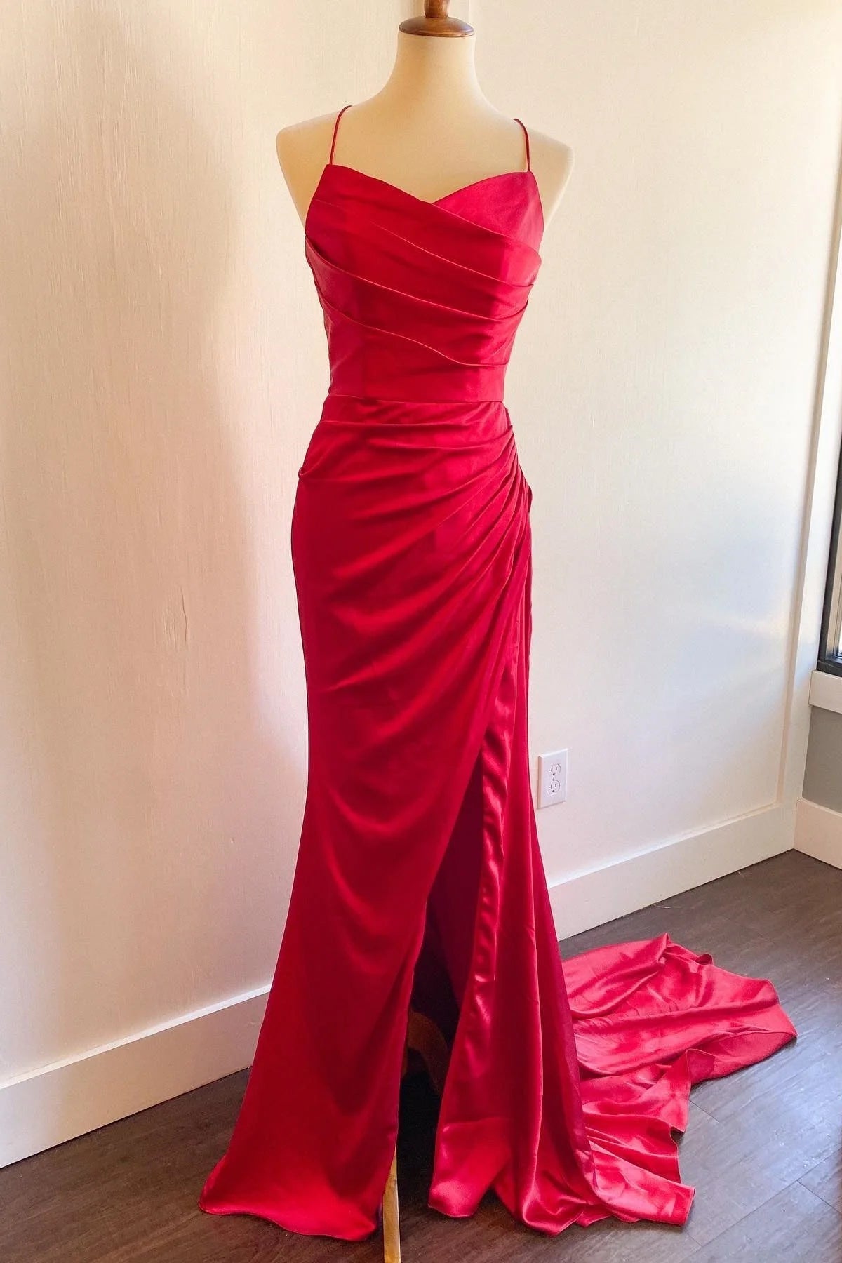 Women's Resort Garments Mermaid Long Red Formal Dresses Ruched Satin for Wedding Guests