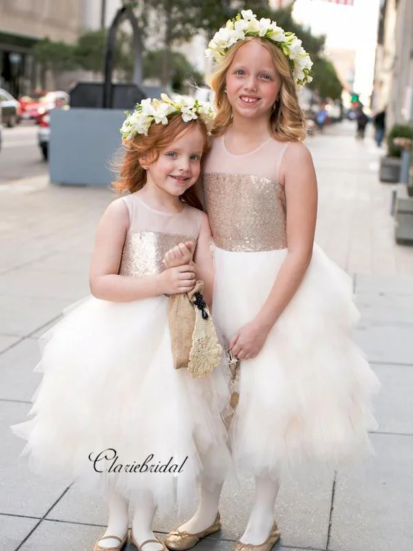 Women's Plus-Size Outfit Fluffy Flower Girl Dresses, Sequins Little Girl Wedding Dresses