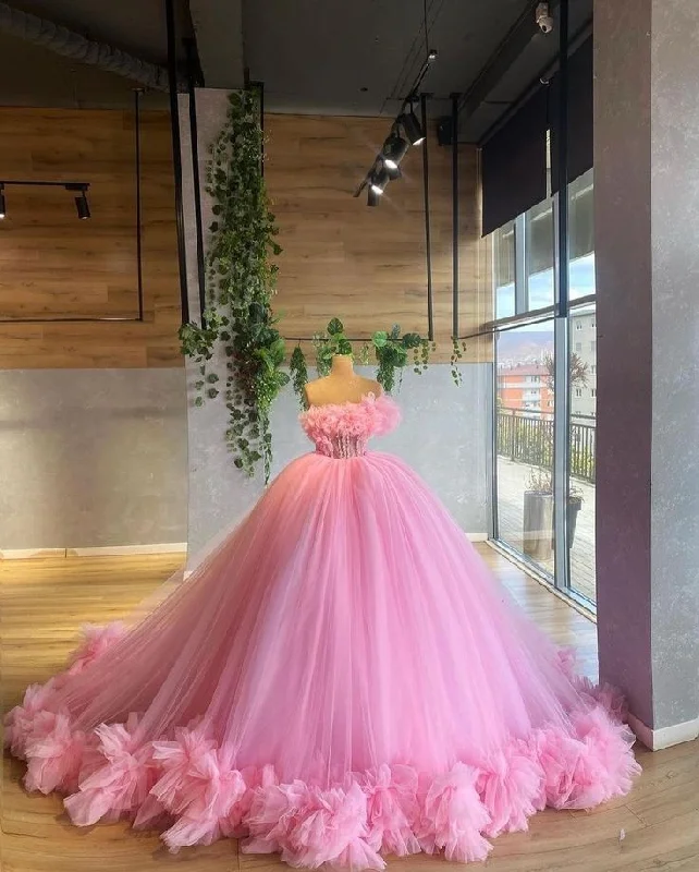 Women's Athletic Clothes Pink Gorgeous One Shoulder Rhinestone Corset Ruffle Fluffy Tulle Long Ball Gown Evening Dress Wedding Dress gh3134