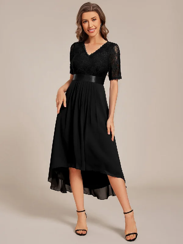 Women's Clothing Apparel Embroidery Contrast Chiffon Wedding Guest Dresses with Asymmetrical Hem