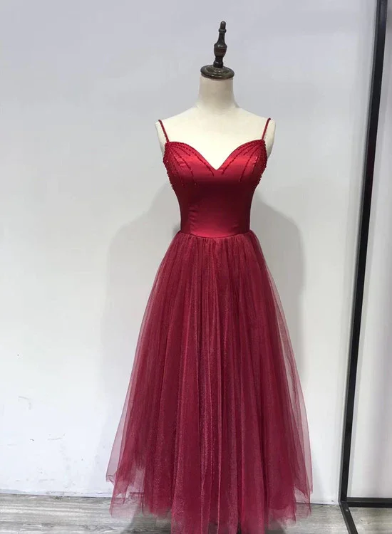 Sustainable Fashion Clothing For Women Beautiful Wine Red Straps Beaded Tea Length Wedding Party Dress, Prom Dress   gh589