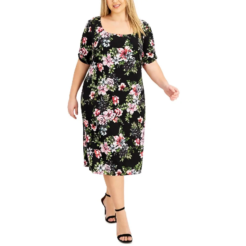 Luxury Women's Clothes Connected Apparel Womens Plus Floral Scoop Neck Midi Dress