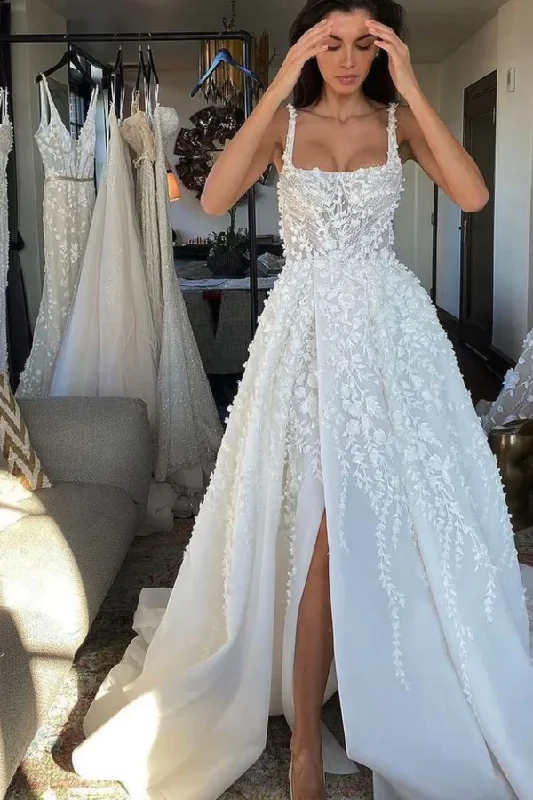 Women's Clothing For Work White fantasy square neck slit lace applique long tulle backless bridal gown wedding dress gh2404