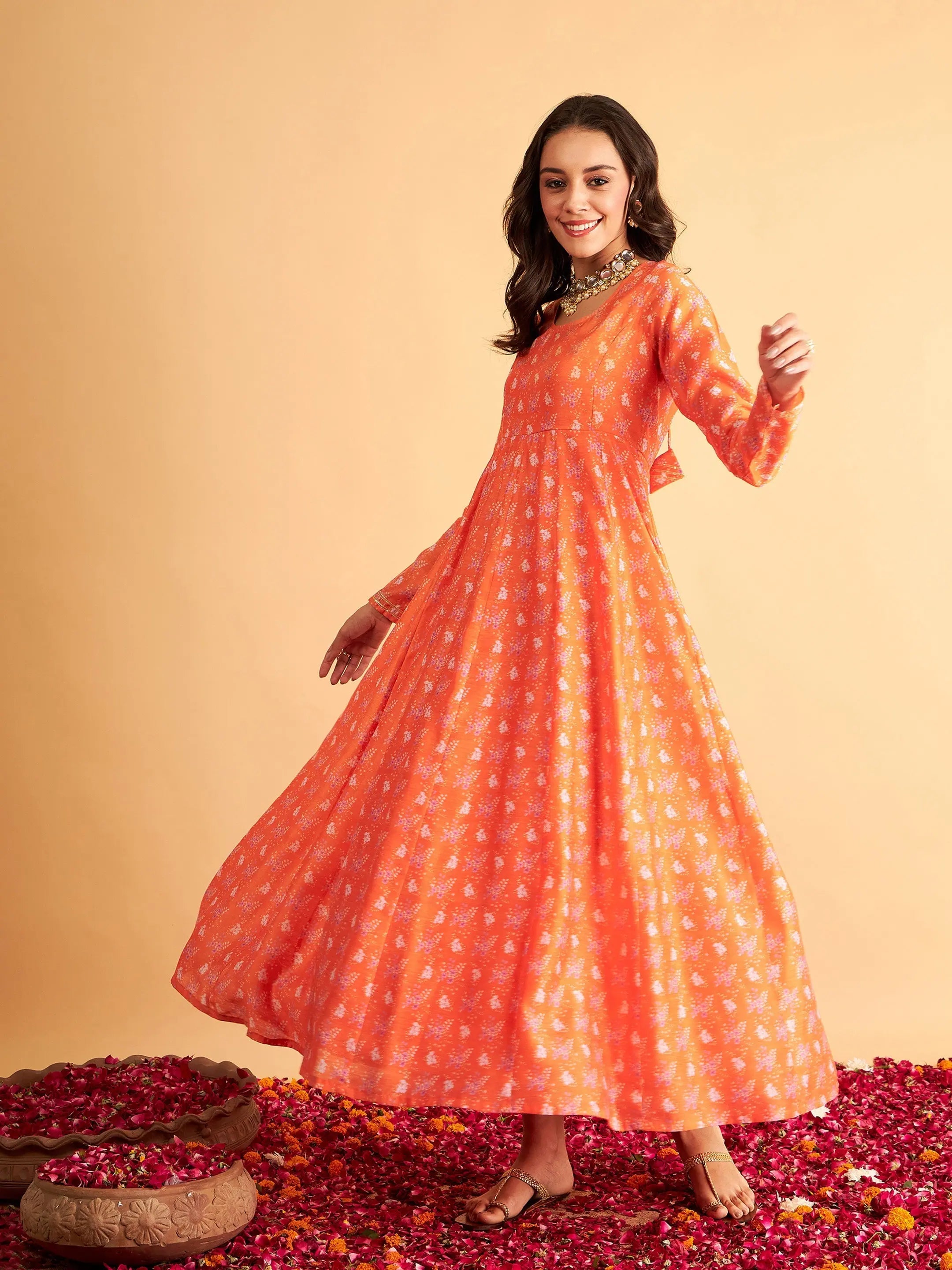 Women's Athletic Clothes Women Orange Floral Anarkali Maxi Dress