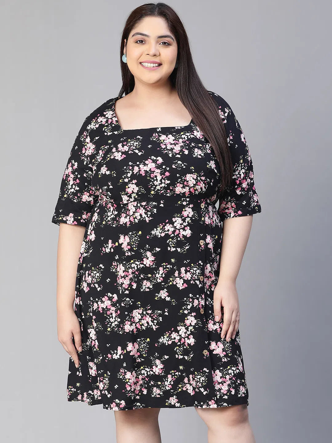 Women's Active Garments For Workouts Women Floral Print Black Square Neck Short Sleeve Plus Size Dress-S23116PDR001