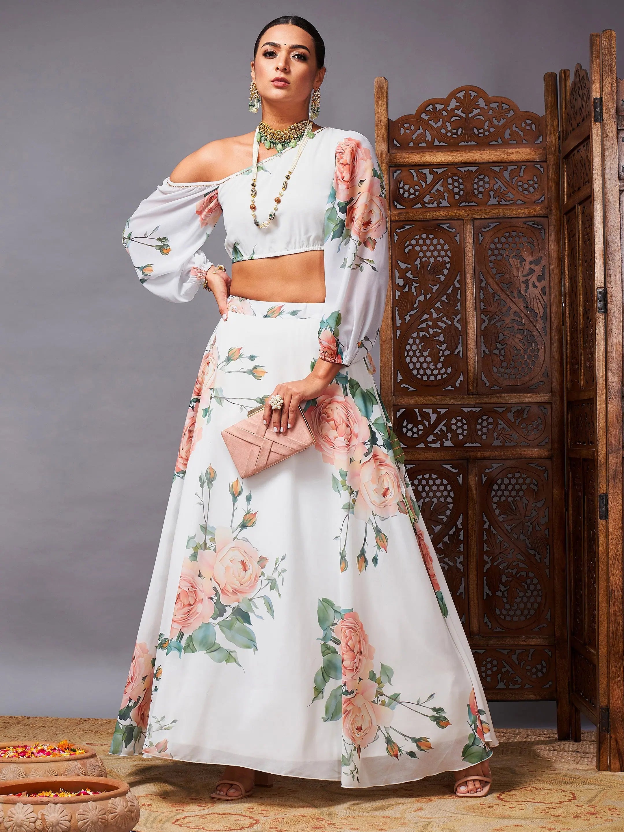 Affordable Trendy Clothes For Women Women White Floral One Shoulder Crop Top With Anarkali Skirt