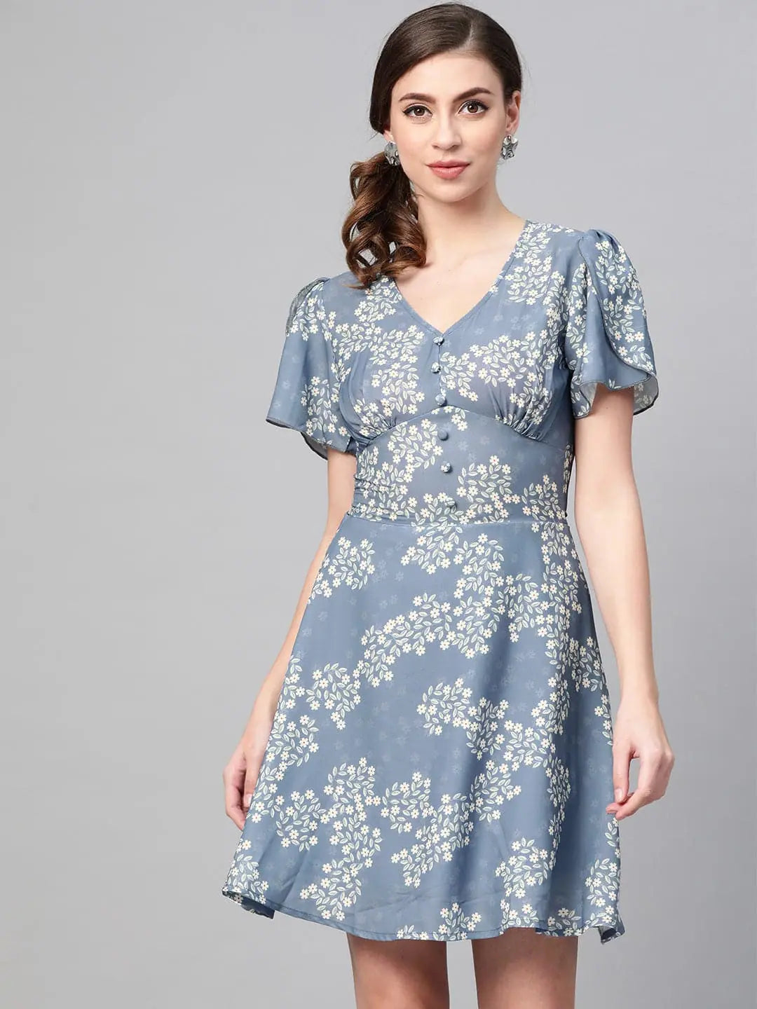 Casual Chic Clothing For Women Dark Blue Floral Flared Skater Dress