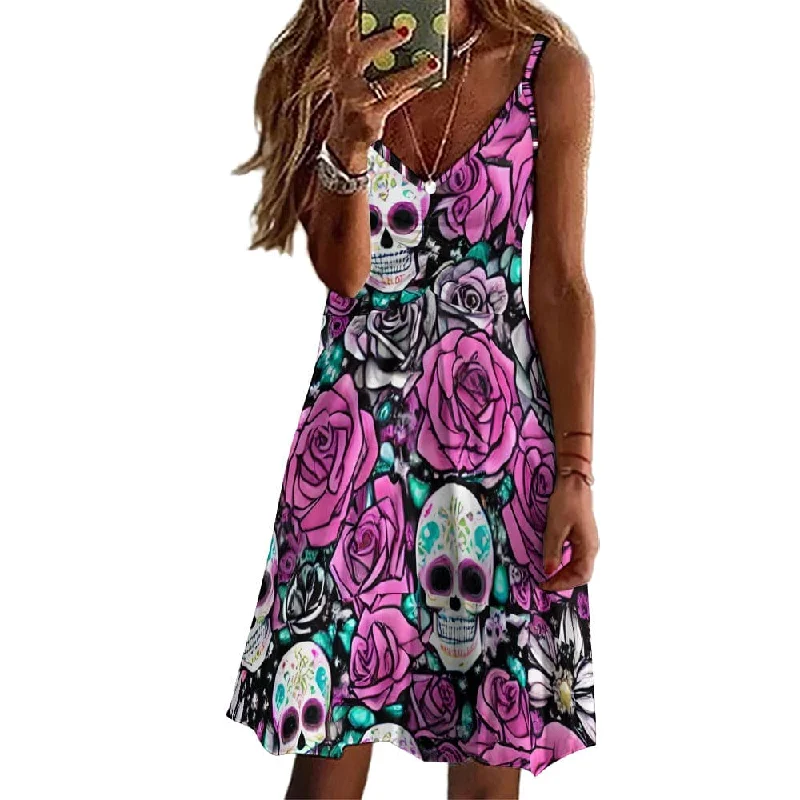 Women's Trendy Activewear Apparel Women's Skull Pink Floral Long Dress