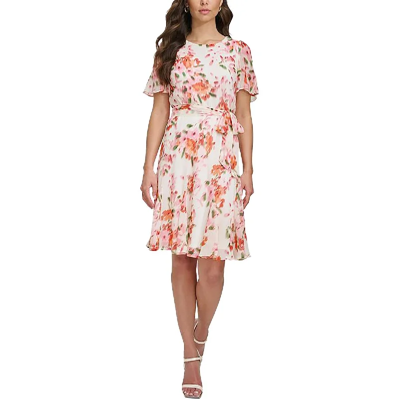 Women's Festive Attire DKNY Womens Petites Chiffon Floral Cocktail And Party Dress