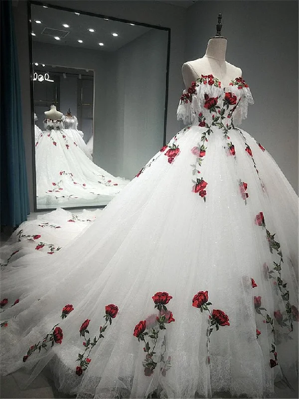 Women's Fashion-Forward Apparel White gorgeous delicate rose applique long A-line tulle ball gown evening gown wedding dress gh3341