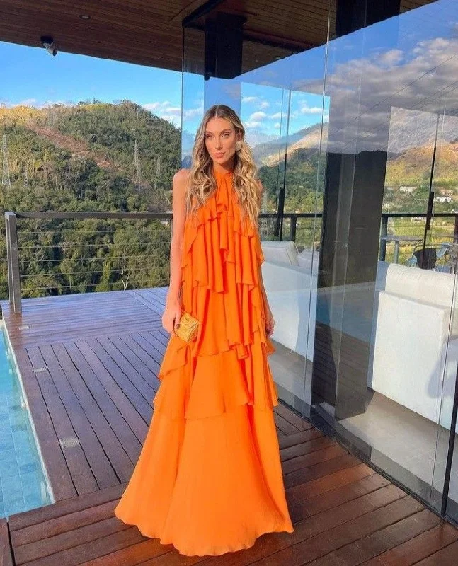 Women's Casual Wear Clothes Orange suspender fashion elegant backless long chiffon ruffle ball gown evening dress wedding guest party dress gh3097