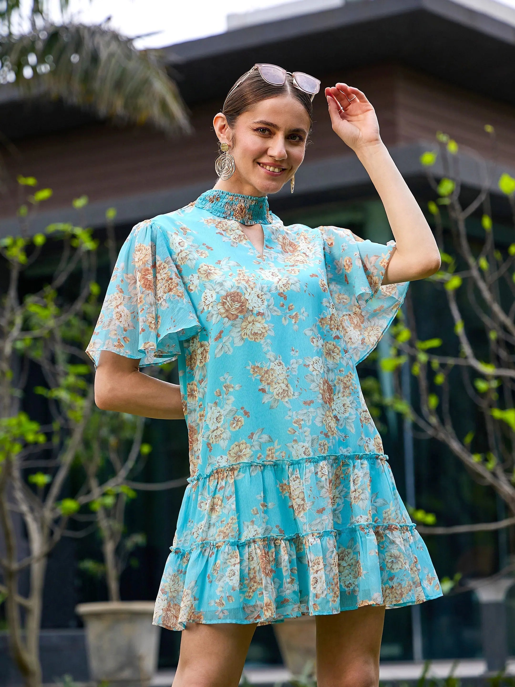 Women's Fashion-Forward Apparel Women Turquoise Floral Tiered Short Dress