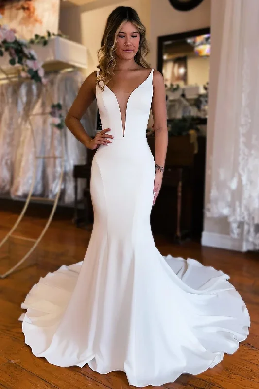 Women's Professional Clothes Simple White Mermaid Backless Boho Wedding Dress gh2635