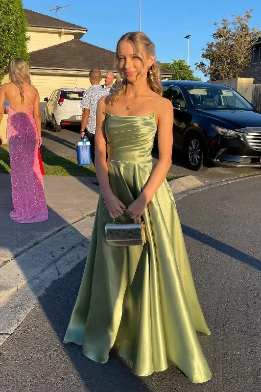 Women's Luxury Garments A-line Sage Green Wedding Guest Dress Strapless Satin Long Formal Gown