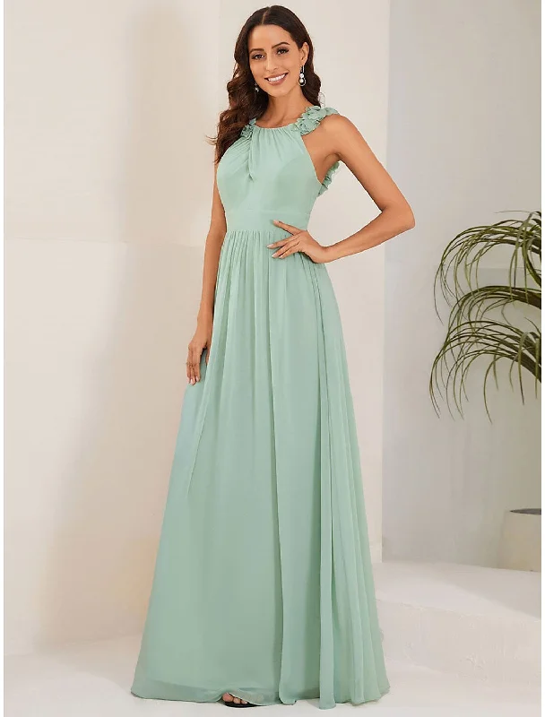 Women's Cozy Winter Attire A-Line Wedding Guest Dresses Elegant Dress Formal Floor Length Sleeveless Chiffon with Pleats Flower