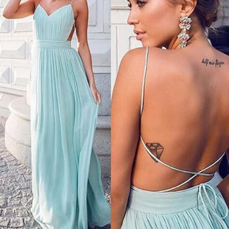 Comfortable Outfit For Women Cheap Simple Chiffon Open Back Cheap Tiffany Blue Prom Dress, Sexy Long Wedding Party Dresses, WG50