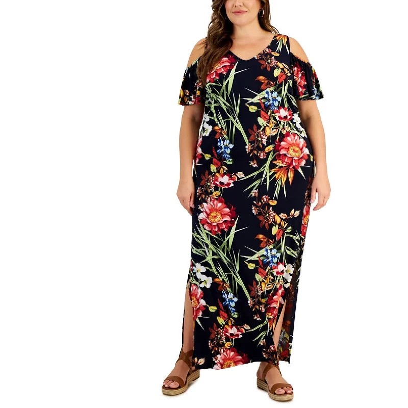 Affordable Women's Clothing Connected Apparel Womens Plus Floral Print Polyester Maxi Dress