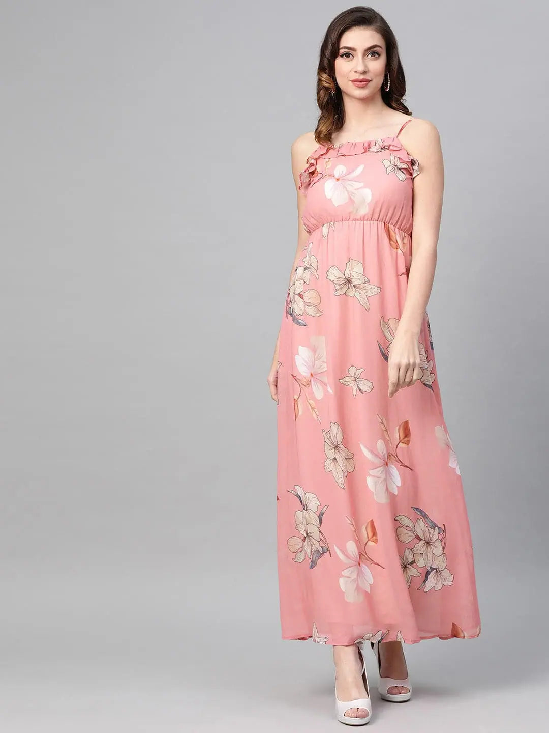 Women's Vintage-Inspired Clothing Rose Pink Floral Strappy Maxi Dress