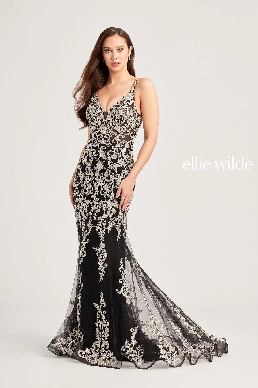 Women's Plus-Size Attire Ellie Wilde EW35071 Long Fitted Glitter Formal Prom Gown