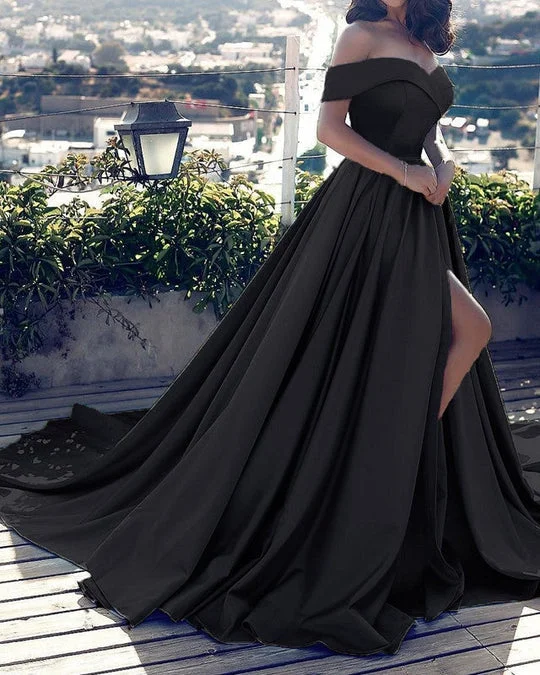 Women's Workout Garments Sexy Off Shoulders Satin Black Long Evening Formal Dress Split Wedding Guest Dress