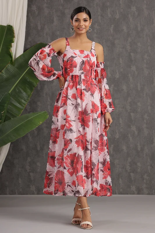 Women's Plus-Size Casual Outfit Juniper Light Pink Floral Printed Chiffon Maxi Dress With Adjustable Straps & Cold Shoulder