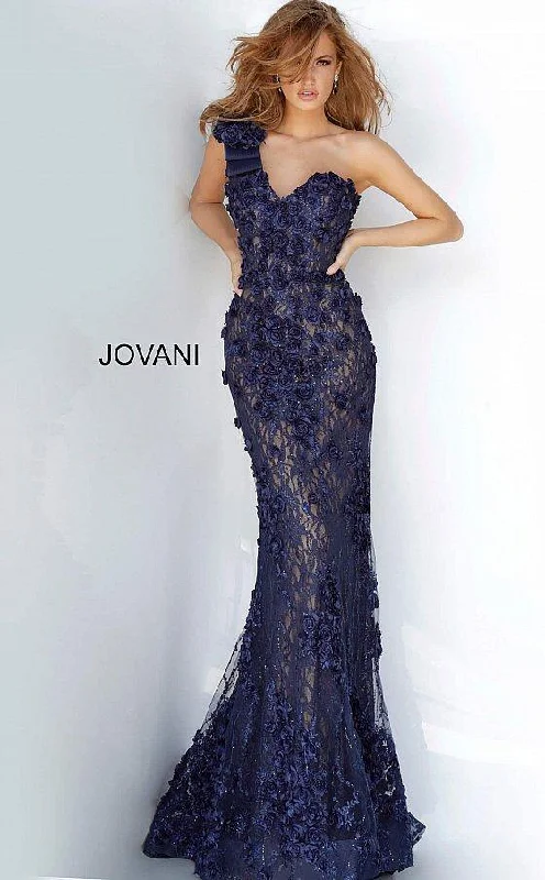 Women's Holiday Attire Navy 6 Jovani 3375 One Shoulder Long Formal Gown Sale