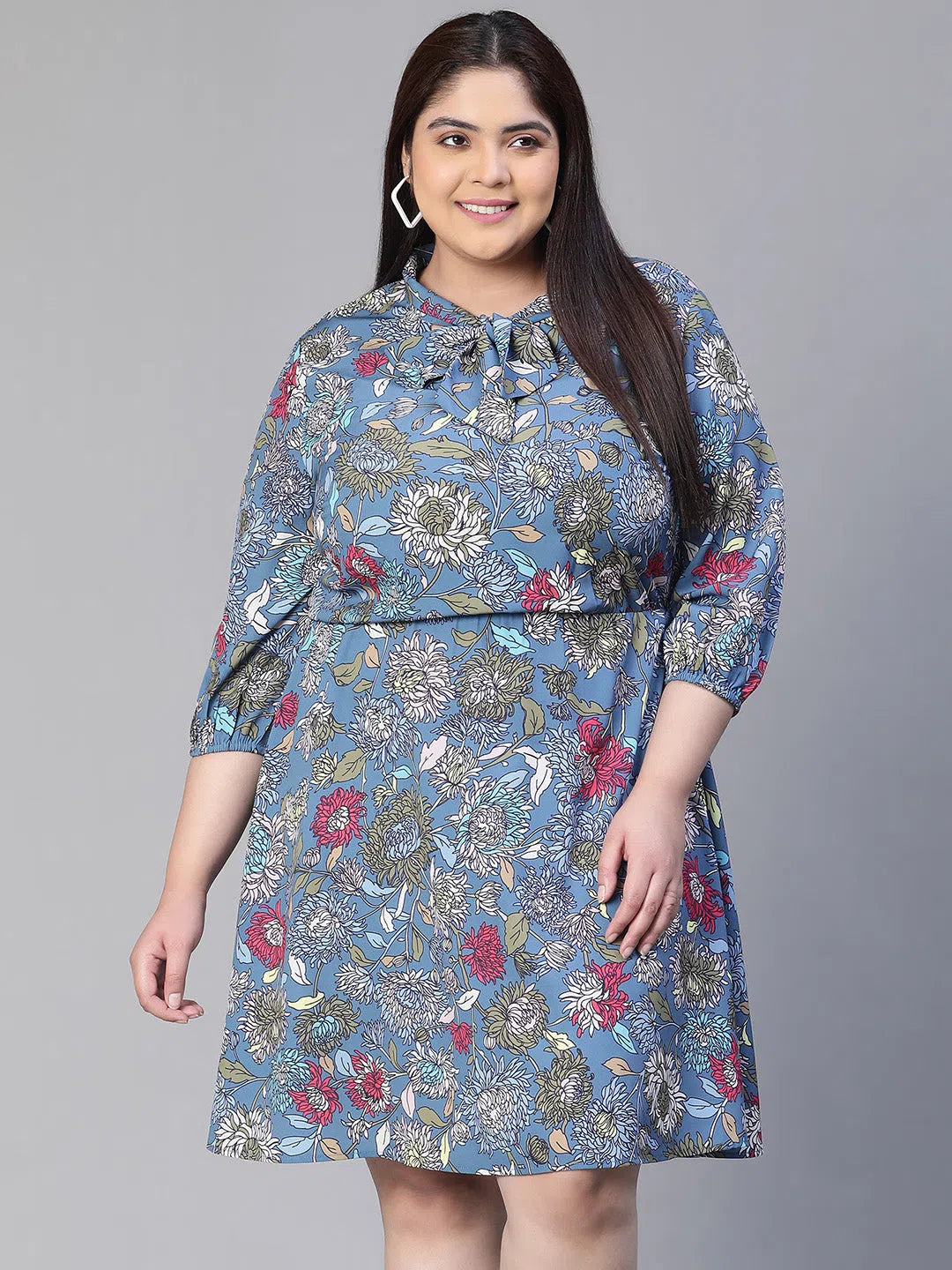 Women's Apparel And Garments Women Floral Print Multicolor Elasticated Tie-Knot Flared Plus Size Dress-S23117PDR001